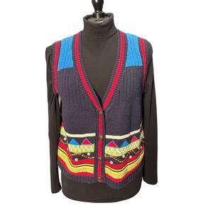 Carole Little Vintage Sweater Vest wearable art Primary Colors Embellished Sz M